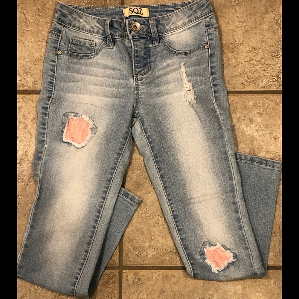 SQZ Girls Jeans With Pink Lace Detail Size 8 EUC